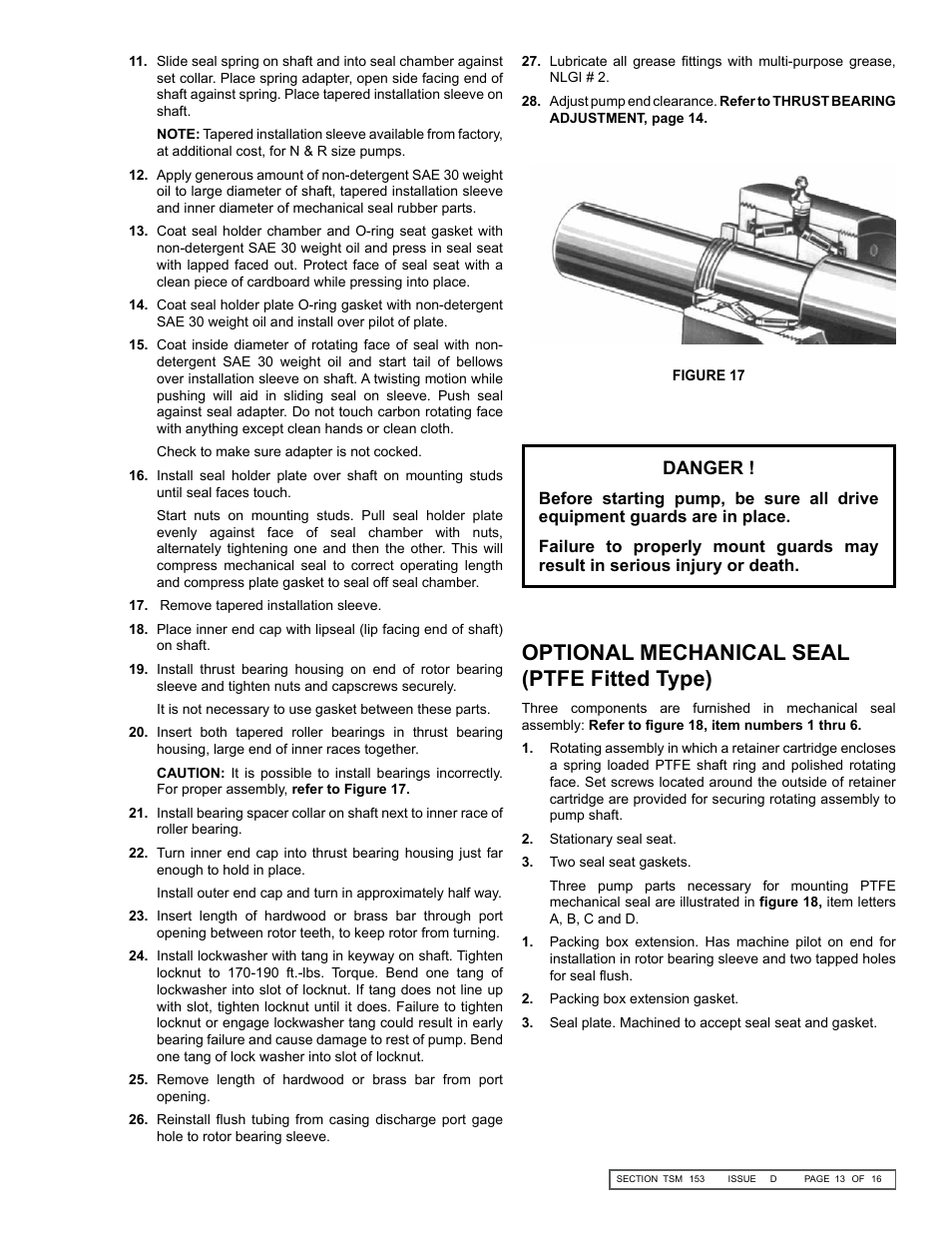 Optional mechanical seal (ptfe fitted type), Danger | Viking Pump TSM153: N-R 333/4333 User Manual | Page 13 / 16