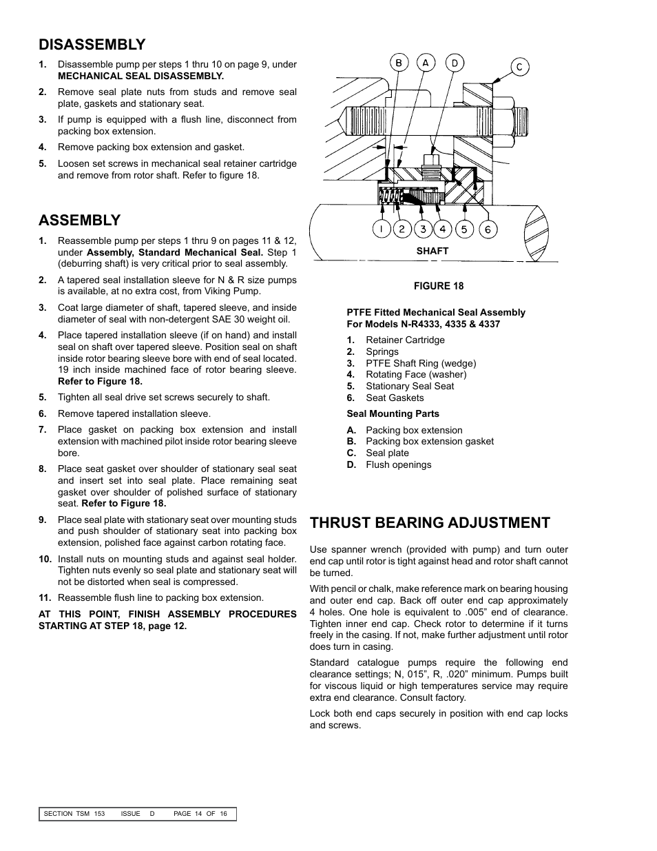 Disassembly assembly, Thrust bearing adjustment | Viking Pump TSM153: N-R 333/4333 User Manual | Page 14 / 16