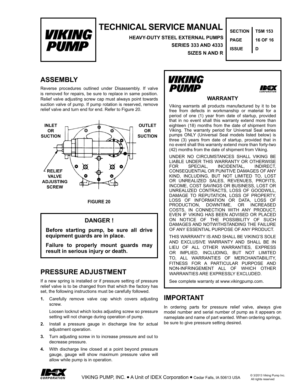 Technical service manual, Pressure adjustment important, Assembly | Viking Pump TSM153: N-R 333/4333 User Manual | Page 16 / 16