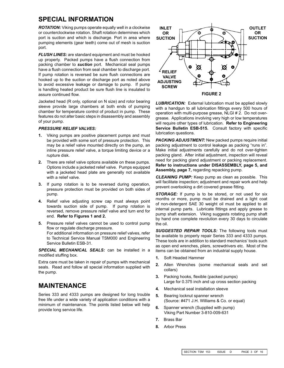 Maintenance, Special information | Viking Pump TSM153: N-R 333/4333 User Manual | Page 3 / 16