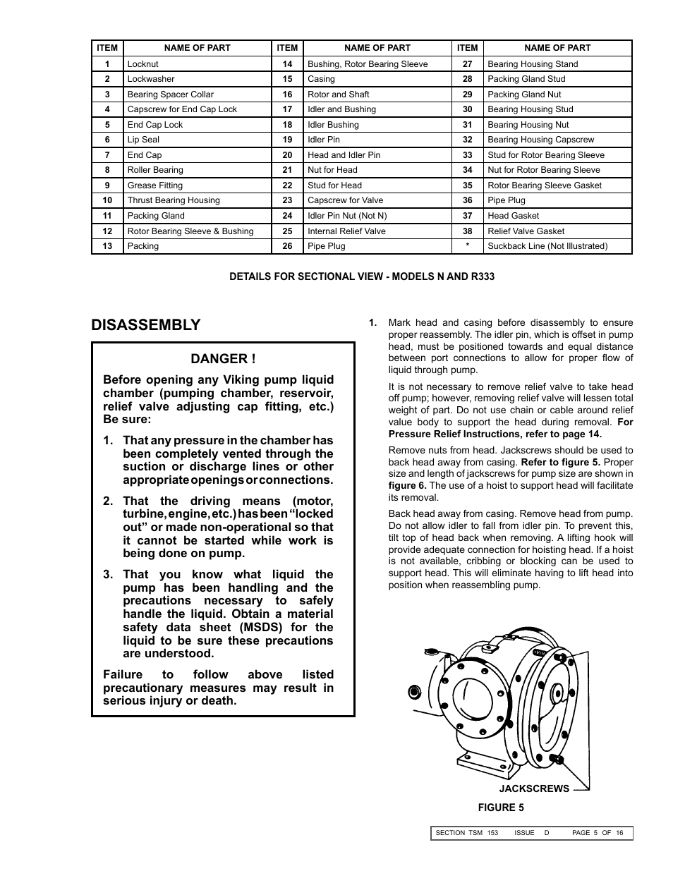 Disassembly, Danger | Viking Pump TSM153: N-R 333/4333 User Manual | Page 5 / 16