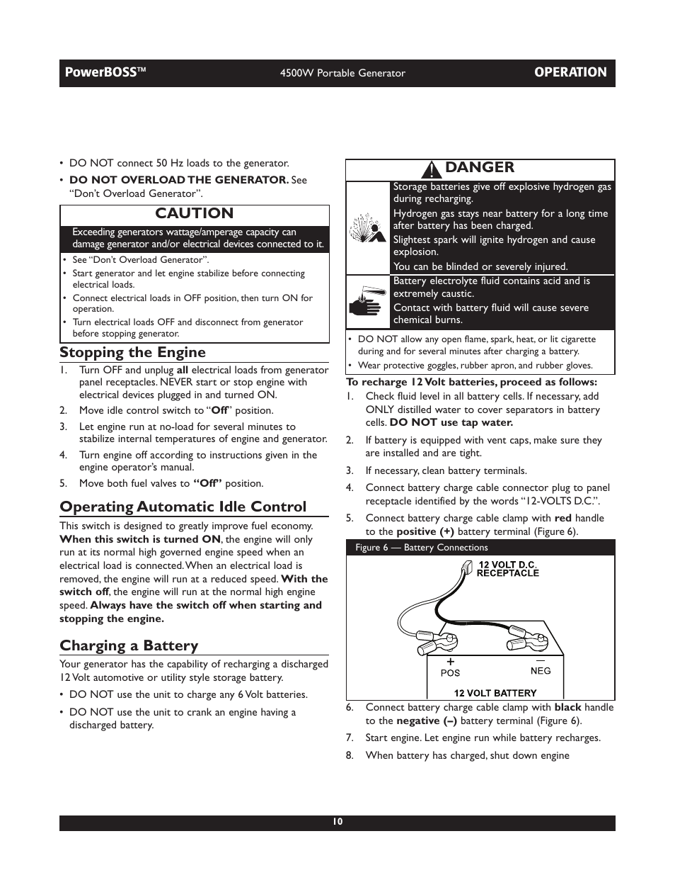 Stopping the engine, Operating automatic idle control, Charging a battery | Danger, Caution | Briggs & Stratton POWERBOSS 01648-1 User Manual | Page 10 / 36