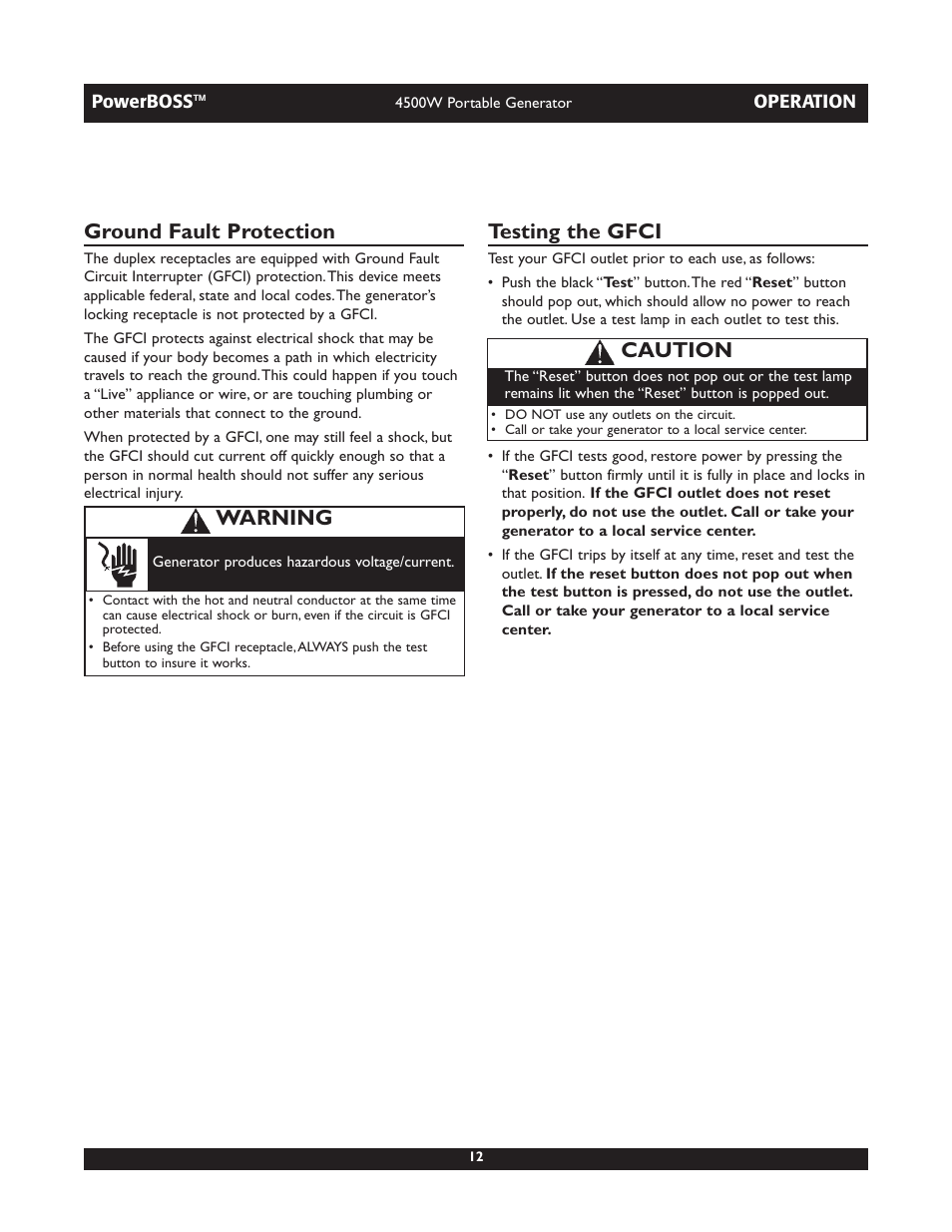 Ground fault protection, Testing the gfci, Warning | Caution | Briggs & Stratton POWERBOSS 01648-1 User Manual | Page 12 / 36