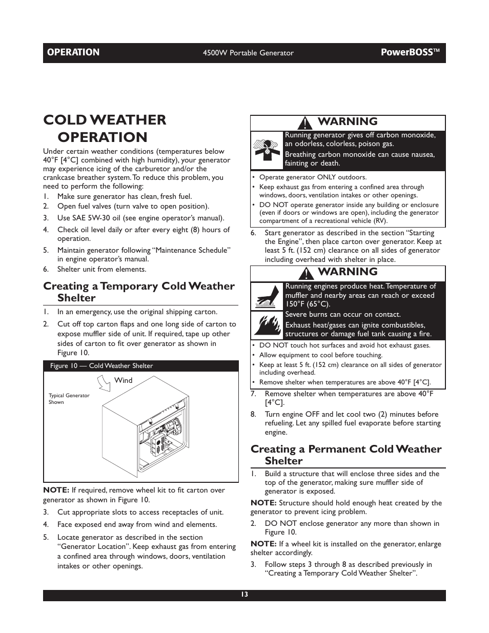 Cold weather operation, Creating a temporary cold weather shelter, Creating a permanent cold weather shelter | Warning | Briggs & Stratton POWERBOSS 01648-1 User Manual | Page 13 / 36
