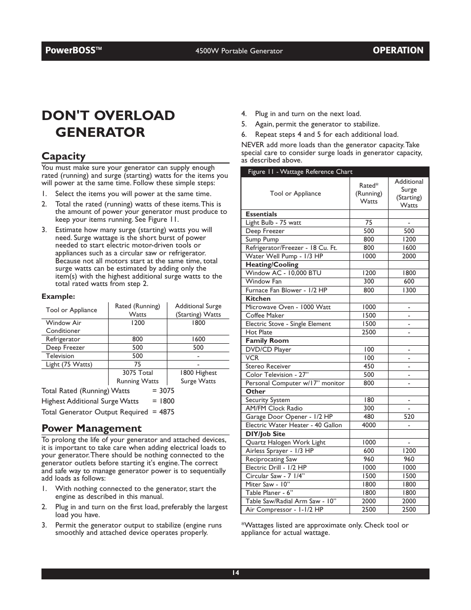 Don't overload generator, Capacity, Power management | Powerboss, Operation | Briggs & Stratton POWERBOSS 01648-1 User Manual | Page 14 / 36