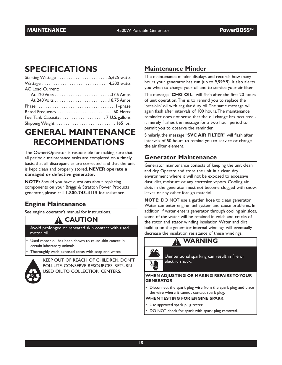 Specifications, General maintenance recommendations, Engine maintenance | Maintenance minder, Generator maintenance, Caution, Warning | Briggs & Stratton POWERBOSS 01648-1 User Manual | Page 15 / 36