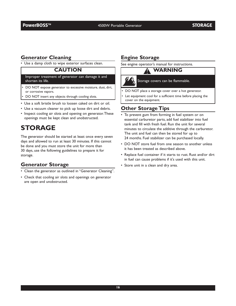 Storage, Generator cleaning, Generator storage | Engine storage, Other storage tips, Warning, Caution | Briggs & Stratton POWERBOSS 01648-1 User Manual | Page 16 / 36