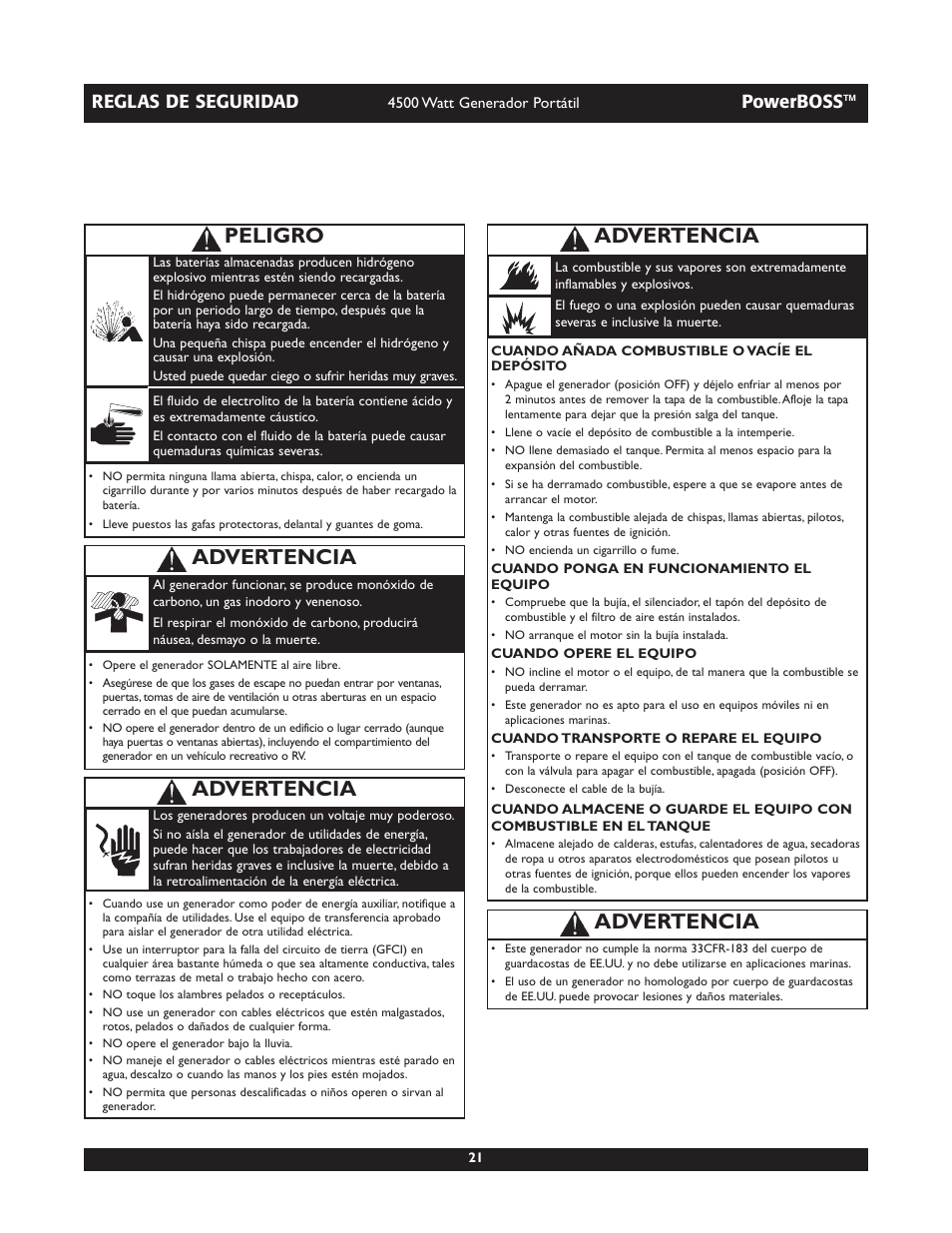 Advertencia, Peligro, Reglas de seguridad | Powerboss | Briggs & Stratton POWERBOSS 01648-1 User Manual | Page 21 / 36