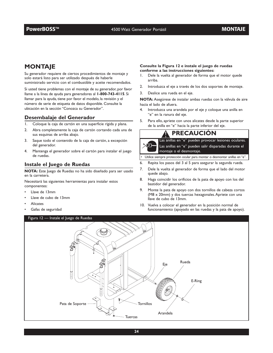 Precaución, Powerboss, Montaje | Desembalaje del generador, Instale el juego de ruedas | Briggs & Stratton POWERBOSS 01648-1 User Manual | Page 24 / 36