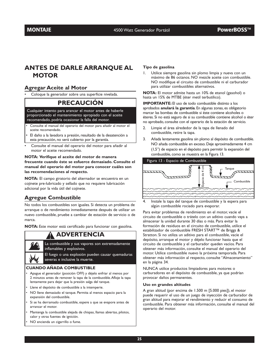 Antes de darle arranque al motor, Precaución, Advertencia | Montaje, Powerboss, Agregar aceite al motor, Agregue combustible | Briggs & Stratton POWERBOSS 01648-1 User Manual | Page 25 / 36