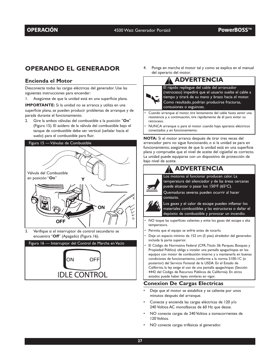 Operando el generador, Advertencia, Encienda el motor | Conexion de cargas electricas, Operación, Powerboss | Briggs & Stratton POWERBOSS 01648-1 User Manual | Page 27 / 36