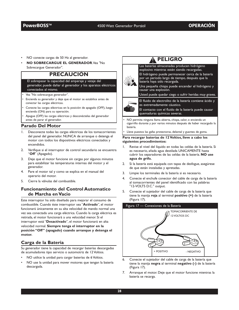 Peligro, Precaución, Powerboss | Operación, Parado del motor, Carga de la bateria | Briggs & Stratton POWERBOSS 01648-1 User Manual | Page 28 / 36