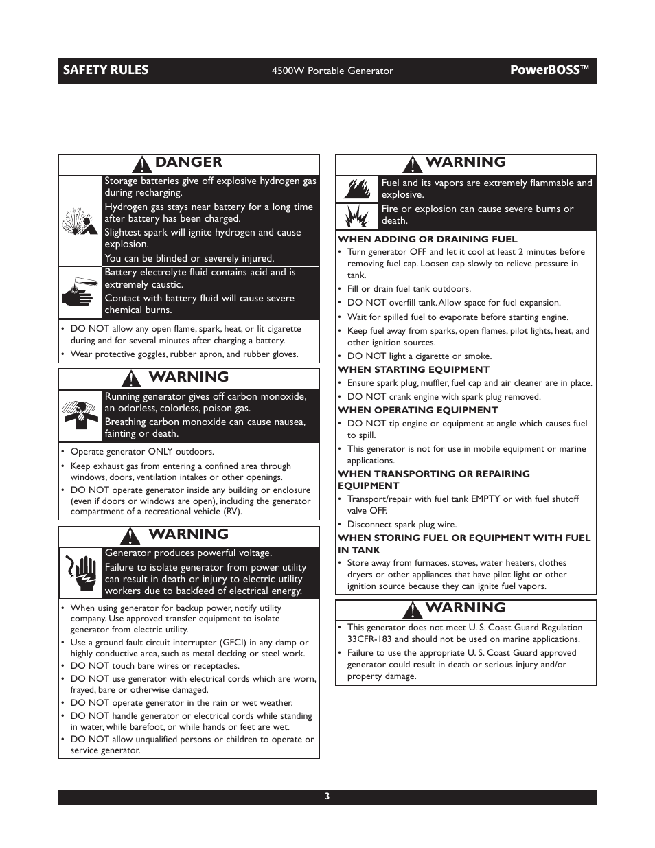 Warning, Danger | Briggs & Stratton POWERBOSS 01648-1 User Manual | Page 3 / 36