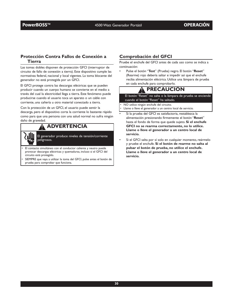 Advertencia, Precaución | Briggs & Stratton POWERBOSS 01648-1 User Manual | Page 30 / 36