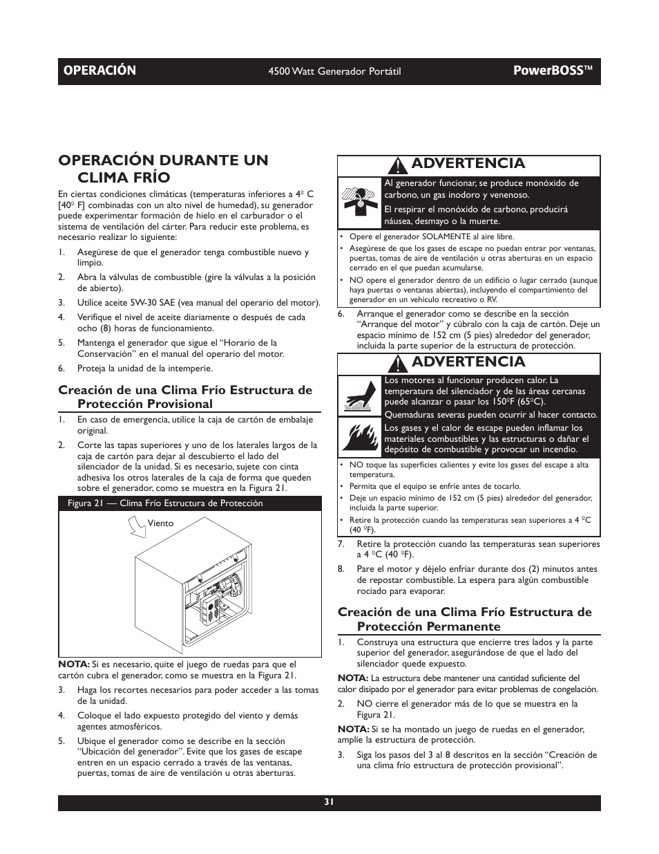 Operación durante un clima frío, Advertencia, Operación | Powerboss | Briggs & Stratton POWERBOSS 01648-1 User Manual | Page 31 / 36