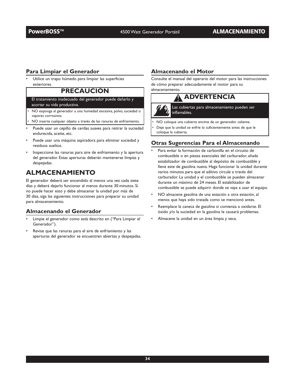 Almacenamiento, Precaución, Advertencia | Briggs & Stratton POWERBOSS 01648-1 User Manual | Page 34 / 36