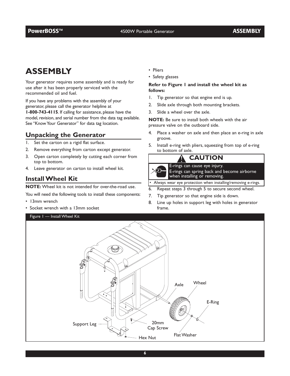 Assembly, Unpacking the generator, Install wheel kit | Caution | Briggs & Stratton POWERBOSS 01648-1 User Manual | Page 6 / 36