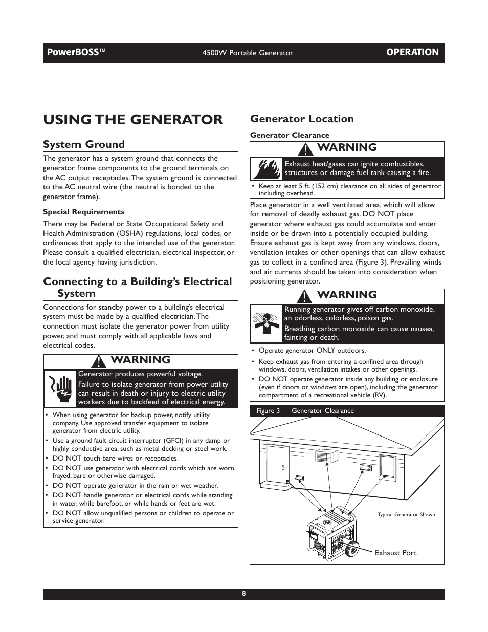 Using the generator, System ground, Connecting to a building’s electrical system | Generator location, Warning | Briggs & Stratton POWERBOSS 01648-1 User Manual | Page 8 / 36