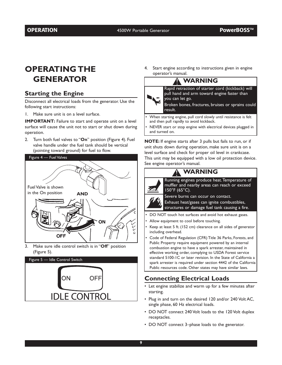 Operating the generator, Starting the engine, Connecting electrical loads | Warning | Briggs & Stratton POWERBOSS 01648-1 User Manual | Page 9 / 36