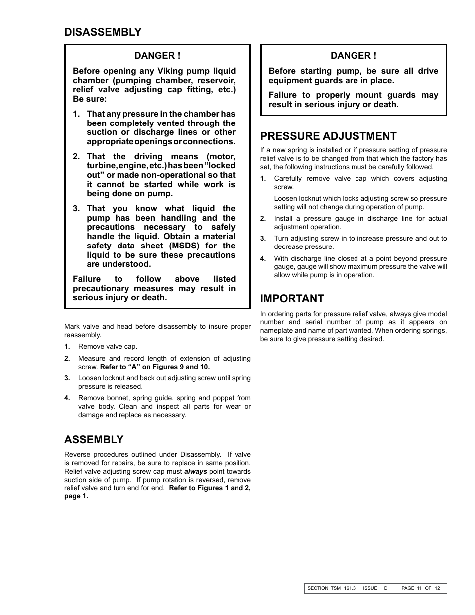 Disassembly, Pressure adjustment important, Assembly | Viking Pump TSM161.3: LS-M 127/4127 User Manual | Page 11 / 12