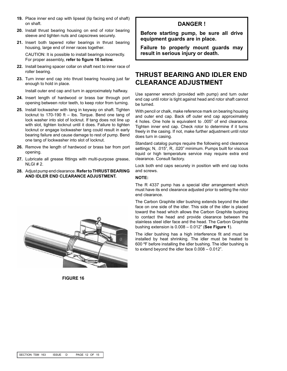 Thrust bearing and idler end clearance adjustment, Danger | Viking Pump TSM163: N-R 337/4337 User Manual | Page 12 / 15