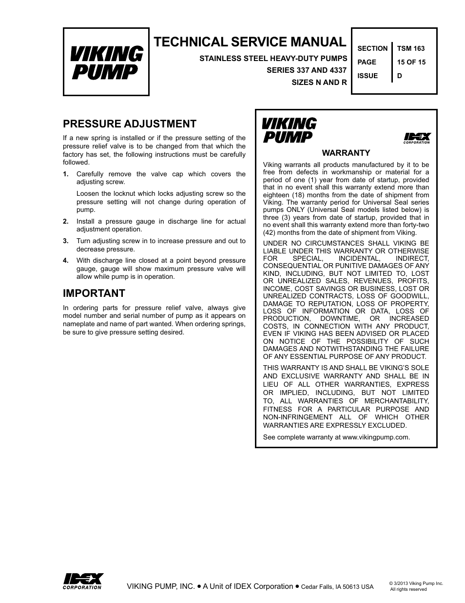 Technical service manual, Pressure adjustment important | Viking Pump TSM163: N-R 337/4337 User Manual | Page 15 / 15