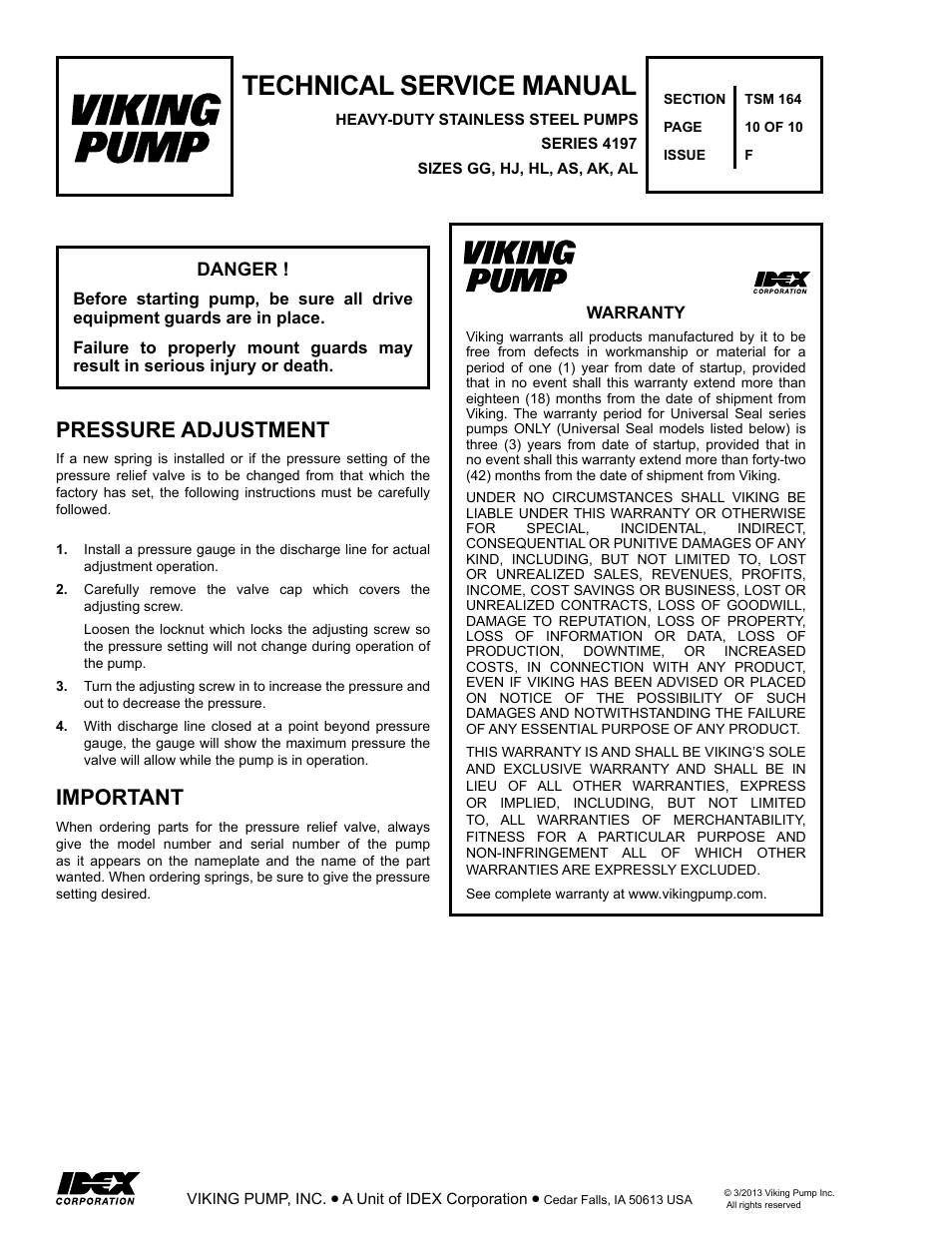 Technical service manual, Pressure adjustment important | Viking Pump TSM164: GG-AL 4197 User Manual | Page 10 / 10