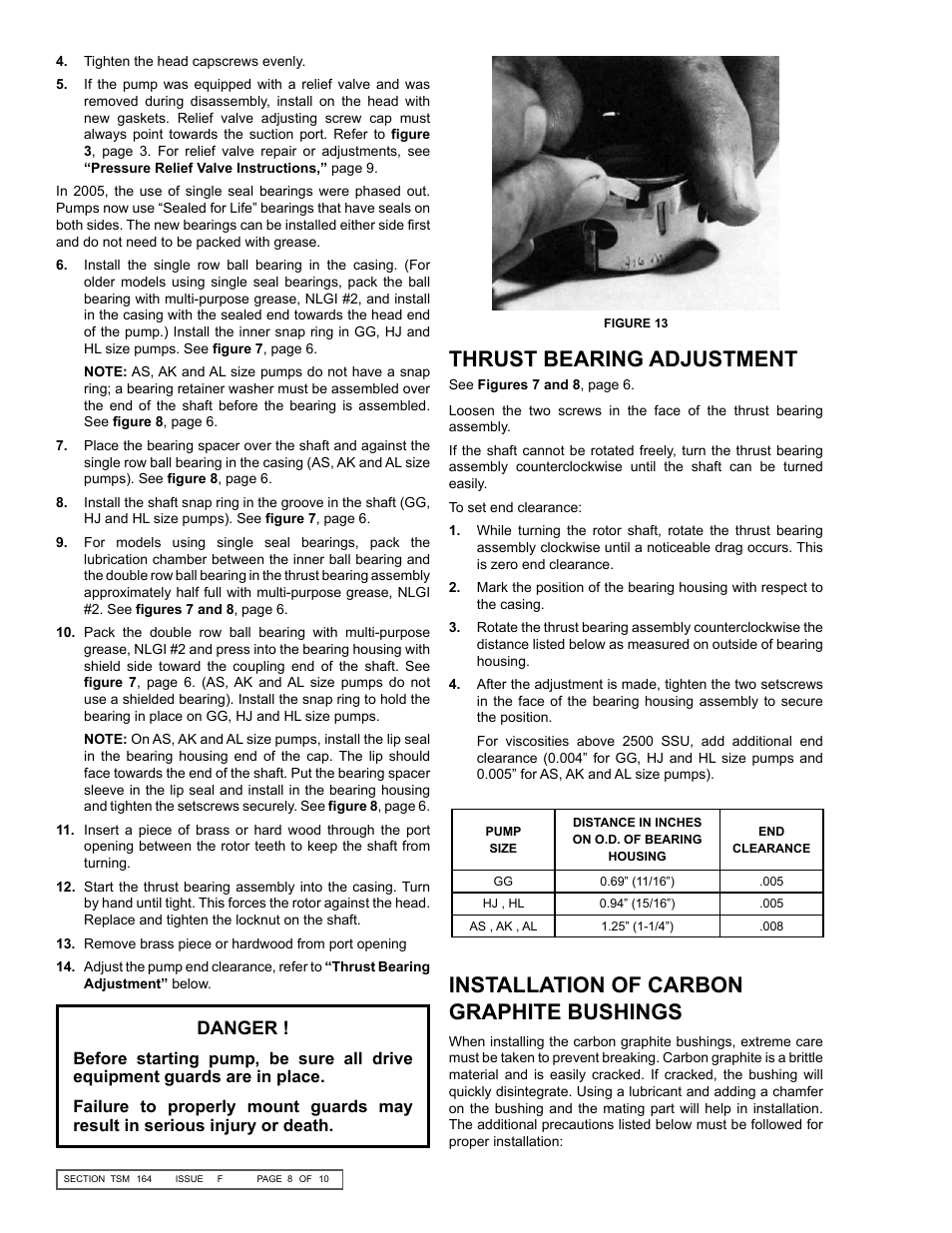 Thrust bearing adjustment, Installation of carbon graphite bushings, Danger | Viking Pump TSM164: GG-AL 4197 User Manual | Page 8 / 10