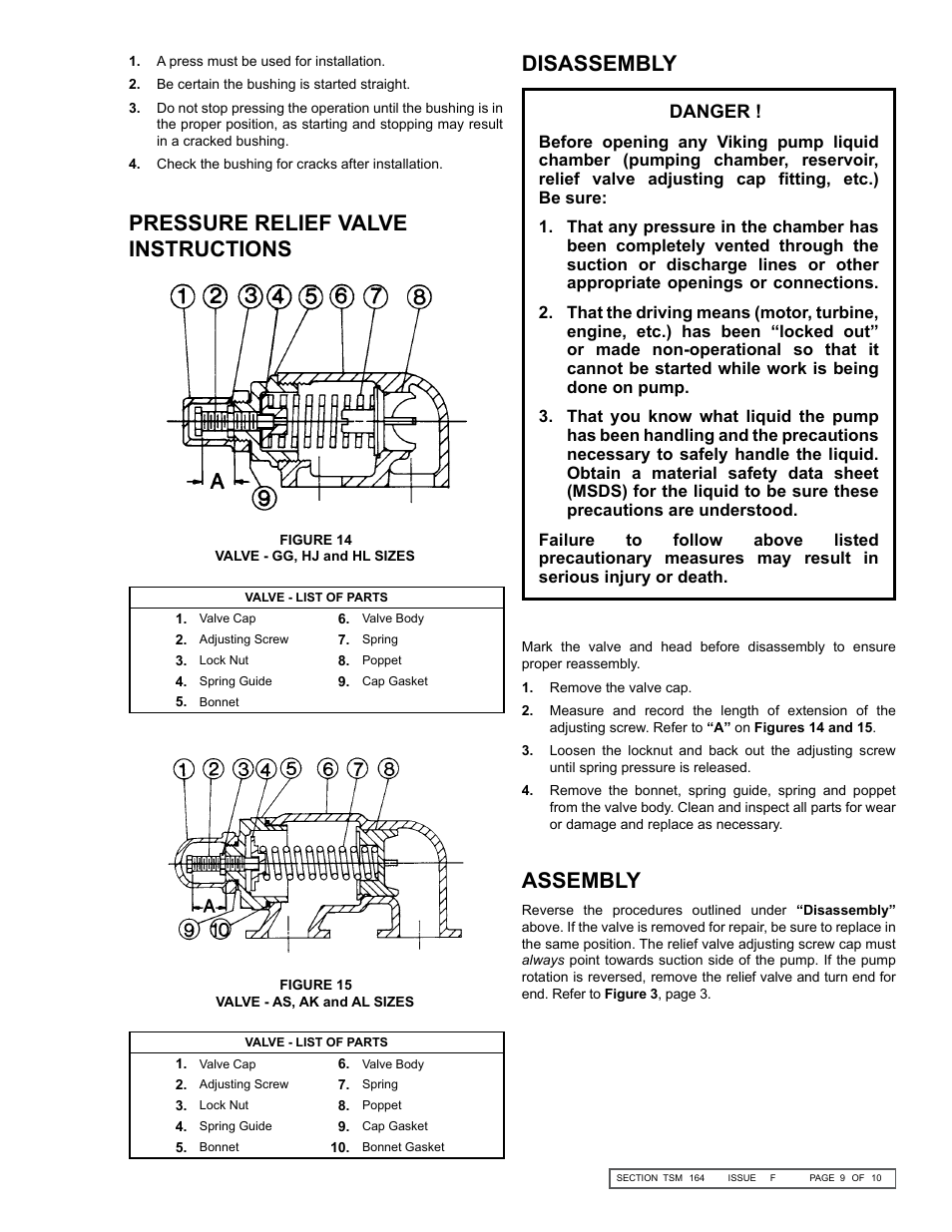 Pressure relief valve instructions, Assembly disassembly, Danger | Viking Pump TSM164: GG-AL 4197 User Manual | Page 9 / 10