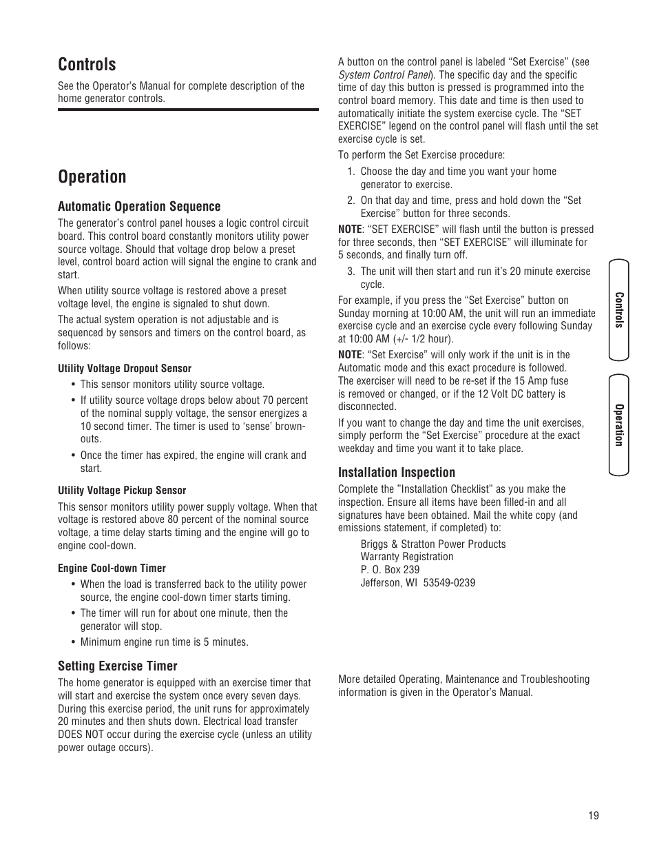 Controls, Operation | Briggs & Stratton 30000 SERIES User Manual | Page 19 / 60