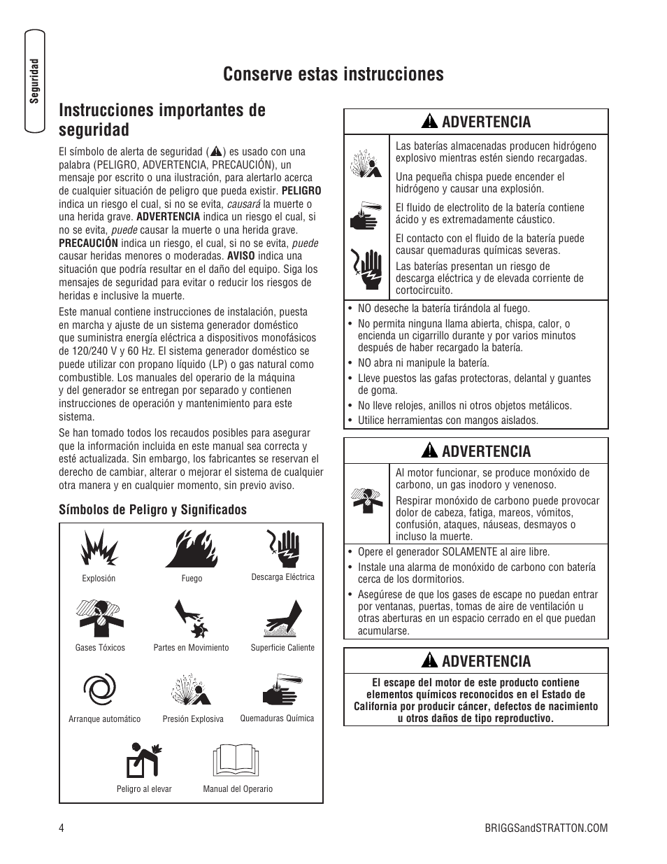 Conserve estas instrucciones, Instrucciones importantes de seguridad, Advertencia | Briggs & Stratton 30000 SERIES User Manual | Page 24 / 60