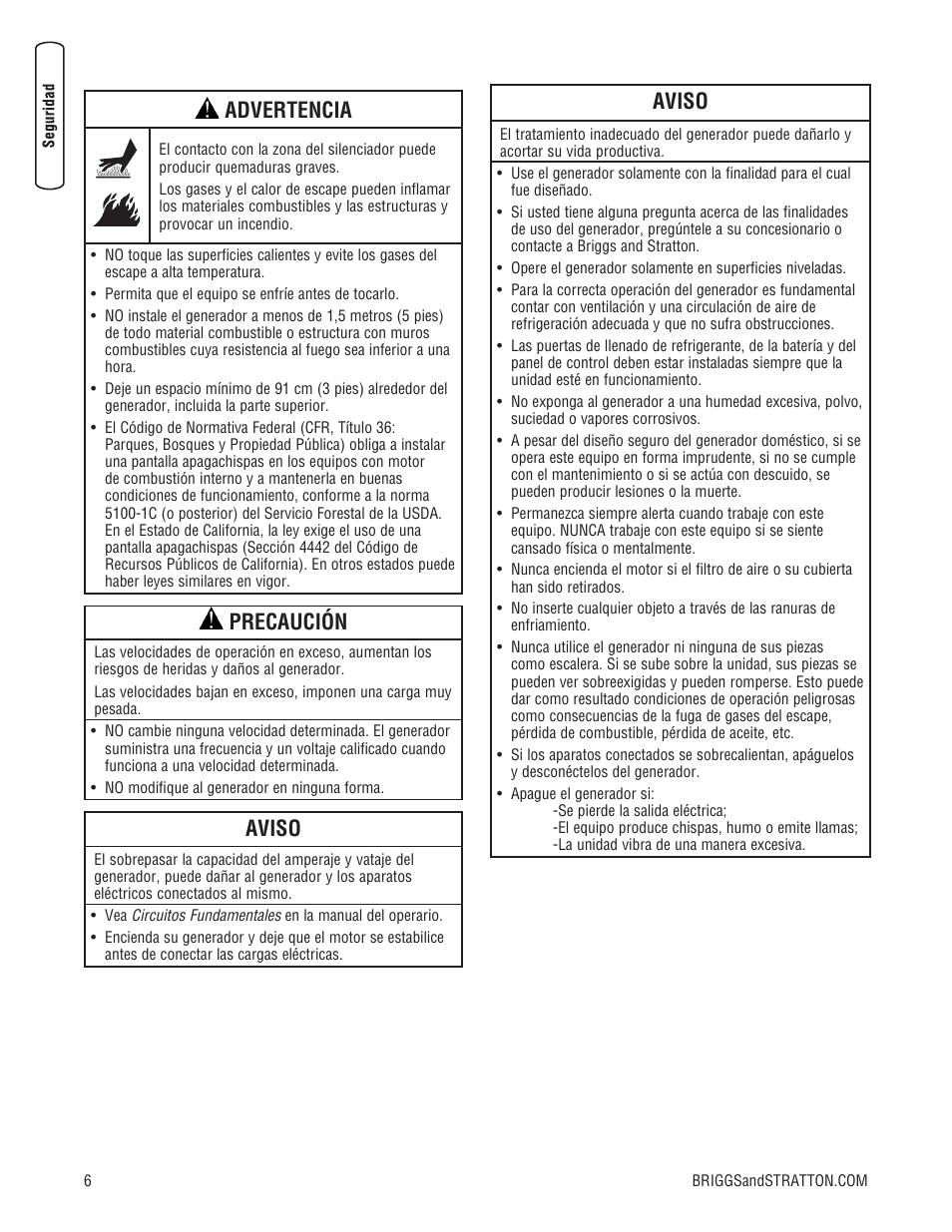 Advertencia, Precaución, Aviso | Briggs & Stratton 30000 SERIES User Manual | Page 26 / 60