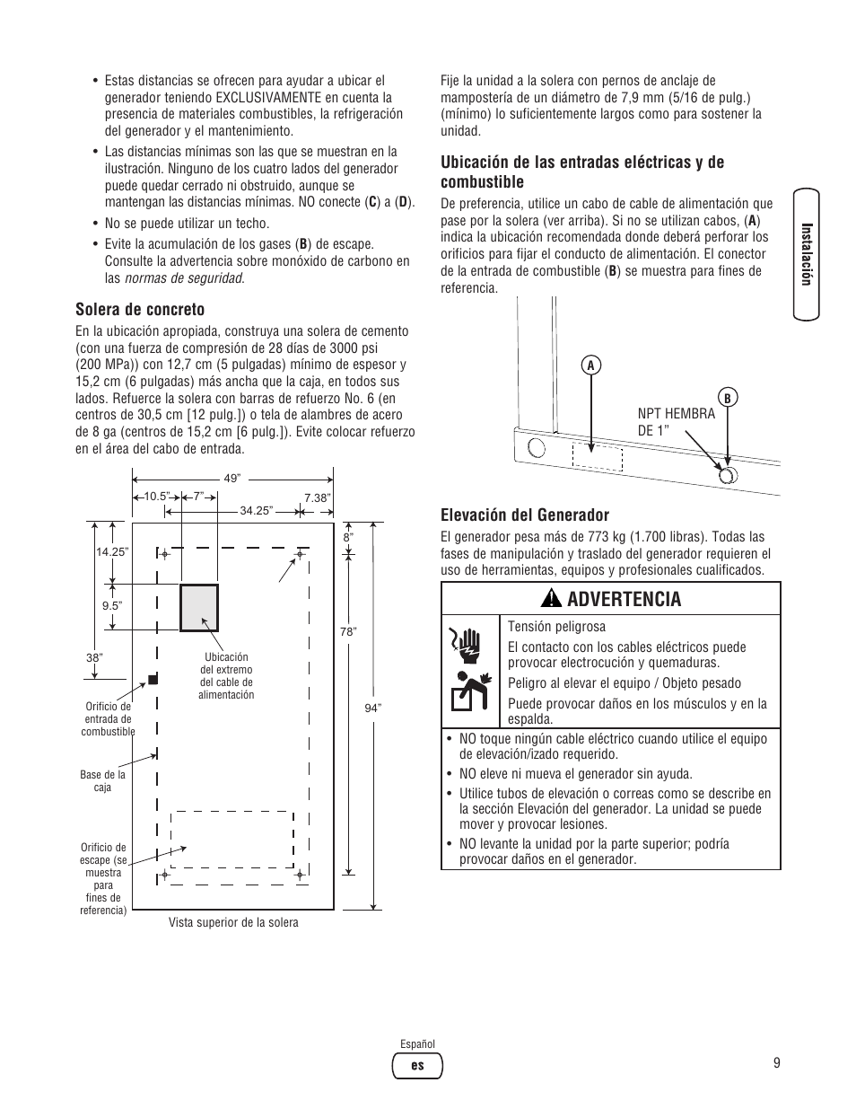 Advertencia, Solera de concreto, Elevación del generador | Briggs & Stratton 30000 SERIES User Manual | Page 29 / 60