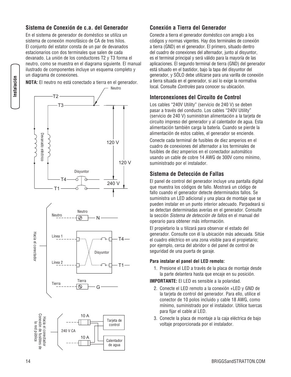 Sistema de conexión de c.a. del generador, Conexión a tierra del generador, Interconexiones del circuito de control | Sistema de detección de fallas | Briggs & Stratton 30000 SERIES User Manual | Page 34 / 60