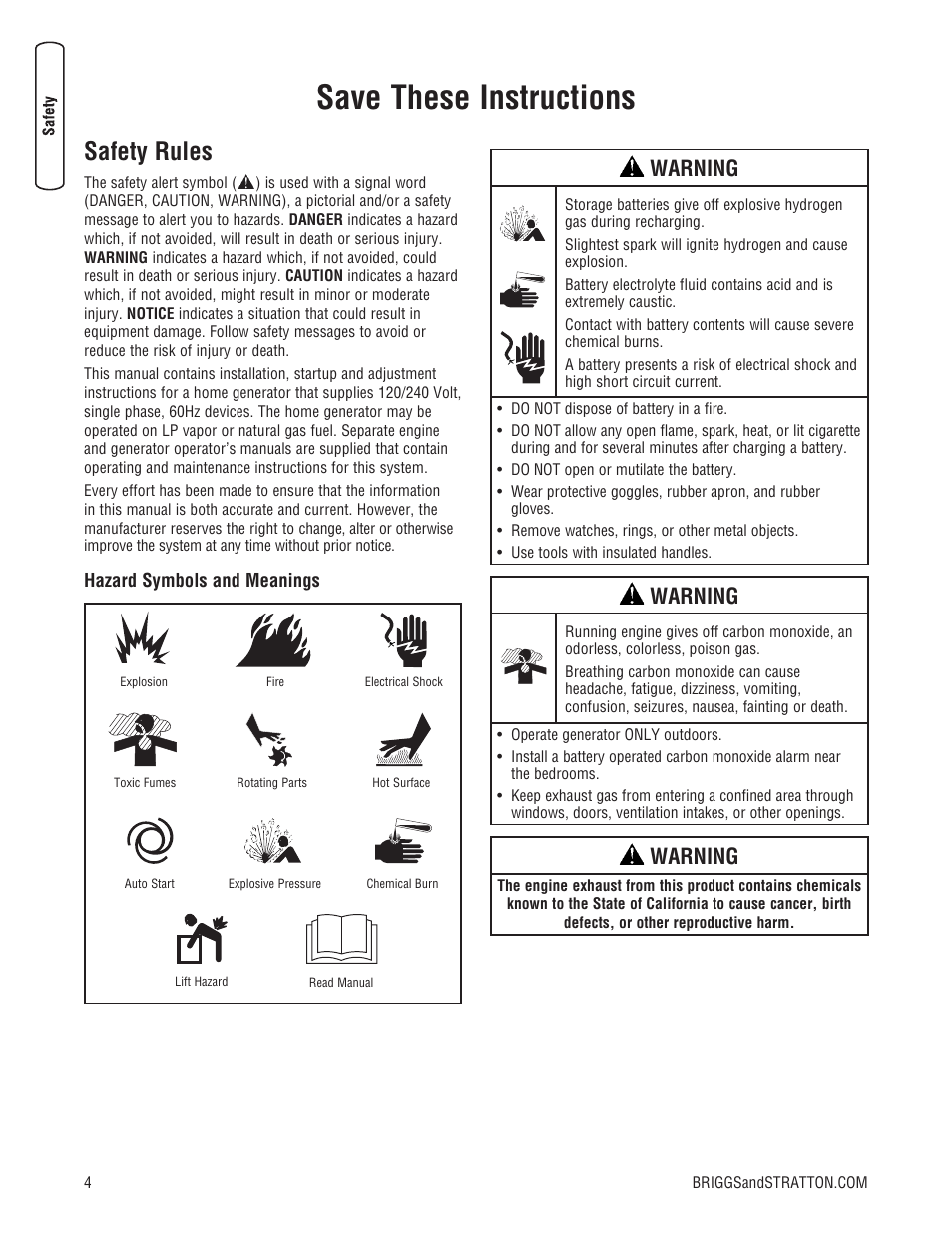 Save these instructions, Safety rules, Warning | Briggs & Stratton 30000 SERIES User Manual | Page 4 / 60