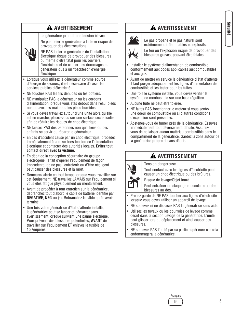 Avertissement | Briggs & Stratton 30000 SERIES User Manual | Page 45 / 60