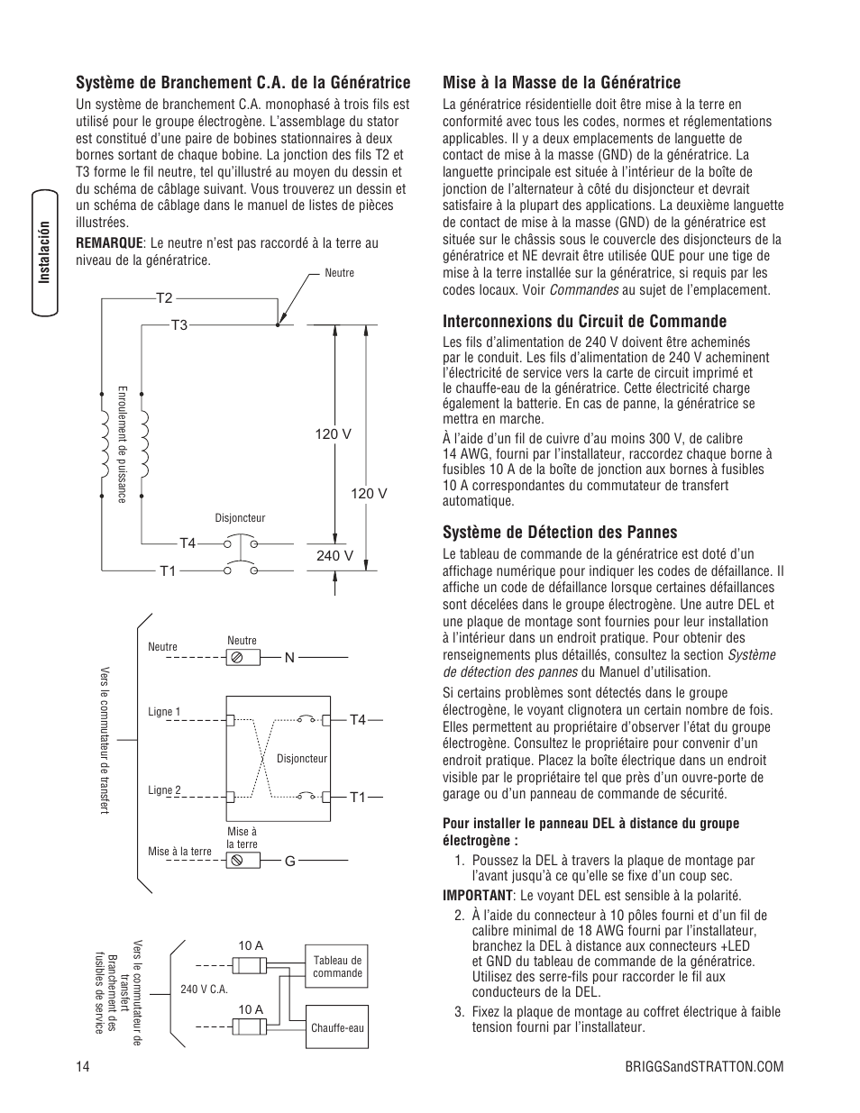 Système de branchement c.a. de la génératrice, Mise à la masse de la génératrice, Interconnexions du circuit de commande | Système de détection des pannes | Briggs & Stratton 30000 SERIES User Manual | Page 54 / 60