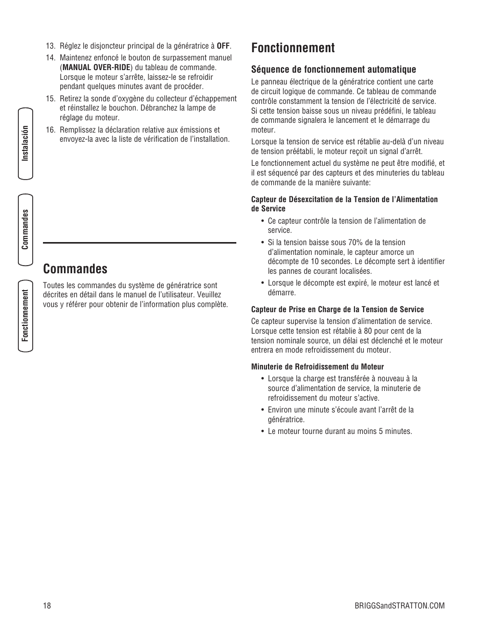 Commandes, Fonctionnement | Briggs & Stratton 30000 SERIES User Manual | Page 58 / 60