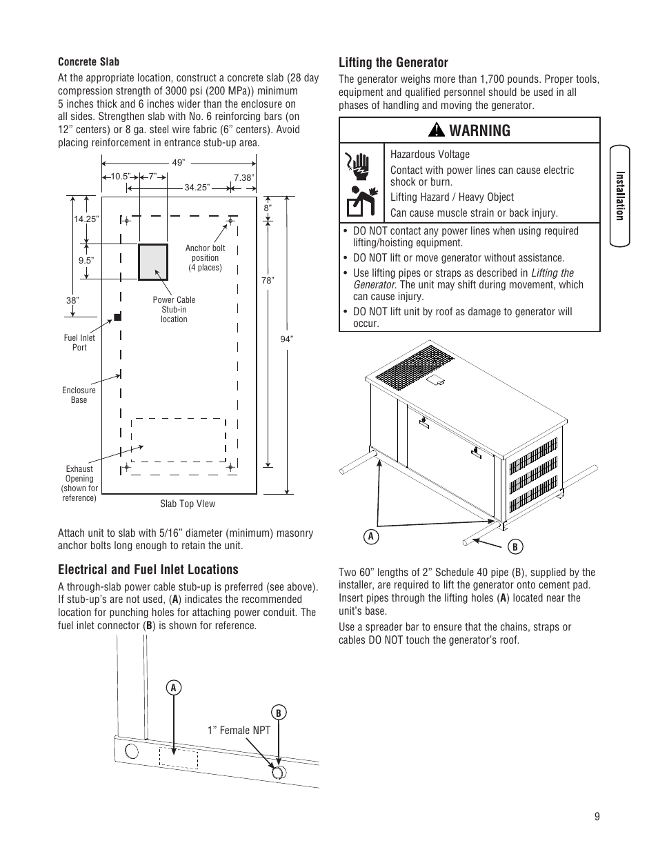Warning, Electrical and fuel inlet locations, Lifting the generator | Briggs & Stratton 30000 SERIES User Manual | Page 9 / 60
