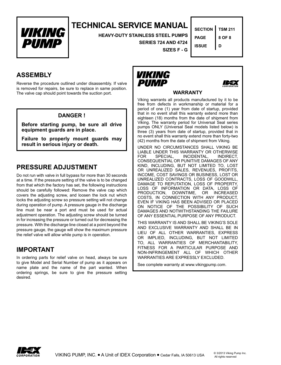 Technical service manual, Pressure adjustment important, Assembly | Viking Pump TSM211: F-G 724/4724 User Manual | Page 8 / 8