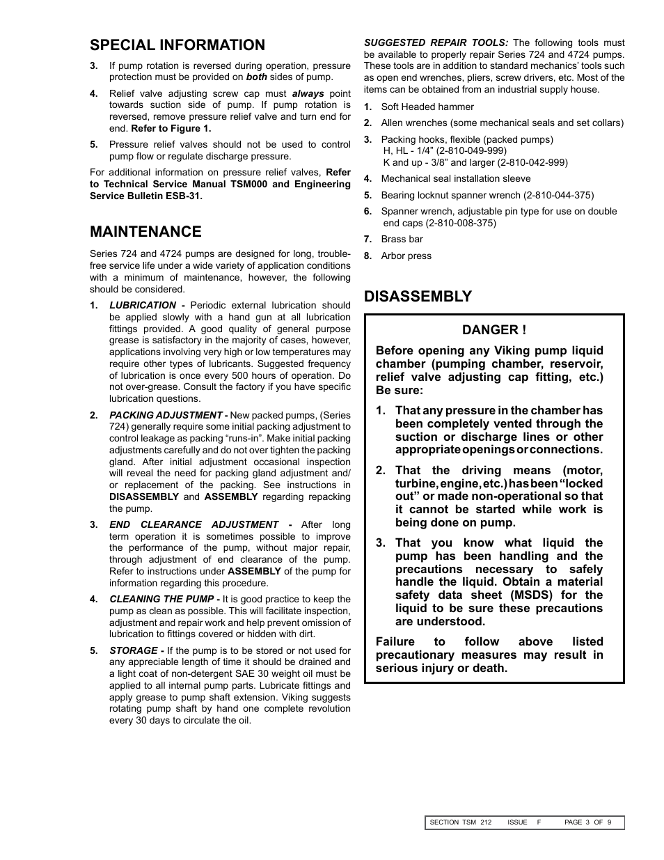 Special information maintenance, Disassembly | Viking Pump TSM212: H-LL 724/4724 User Manual | Page 3 / 9