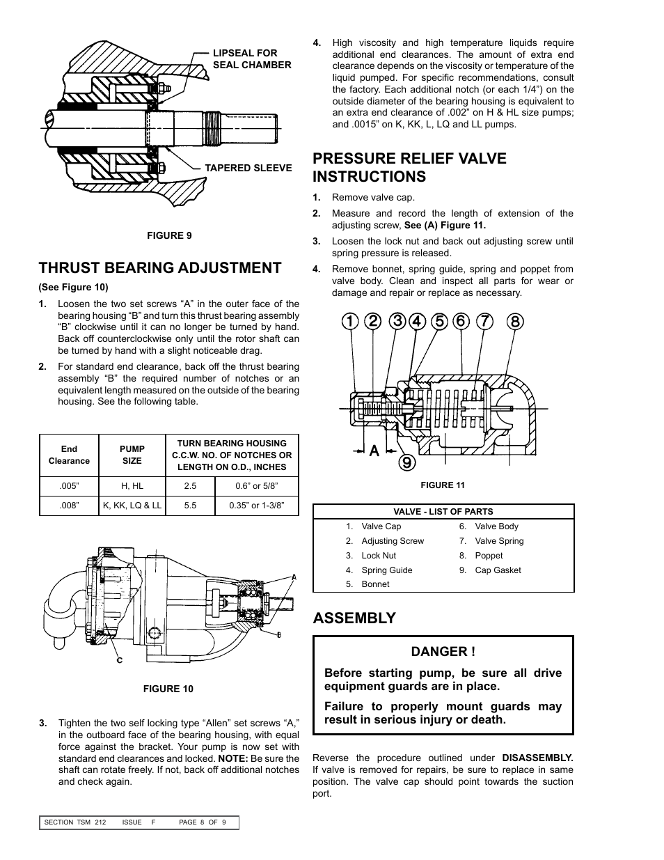 Pressure relief valve instructions, Thrust bearing adjustment, Assembly | Danger | Viking Pump TSM212: H-LL 724/4724 User Manual | Page 8 / 9