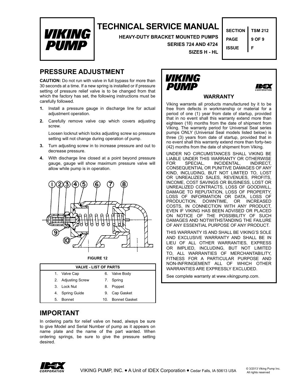 Technical service manual, Important, Pressure adjustment | Viking Pump TSM212: H-LL 724/4724 User Manual | Page 9 / 9