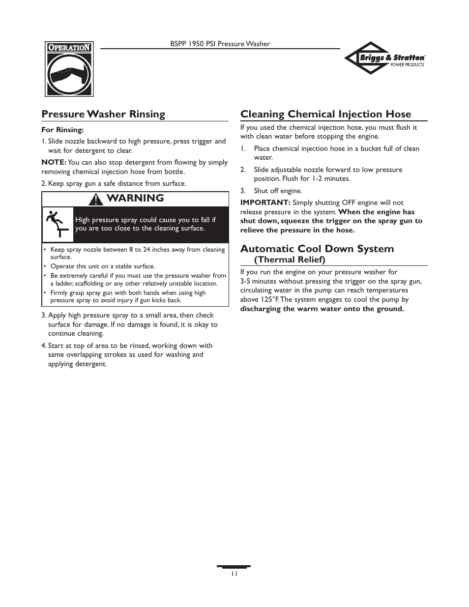 Pressure washer rinsing, Cleaning chemical injection hose, Automatic cool down system | Warning | Briggs & Stratton 20222 User Manual | Page 11 / 80