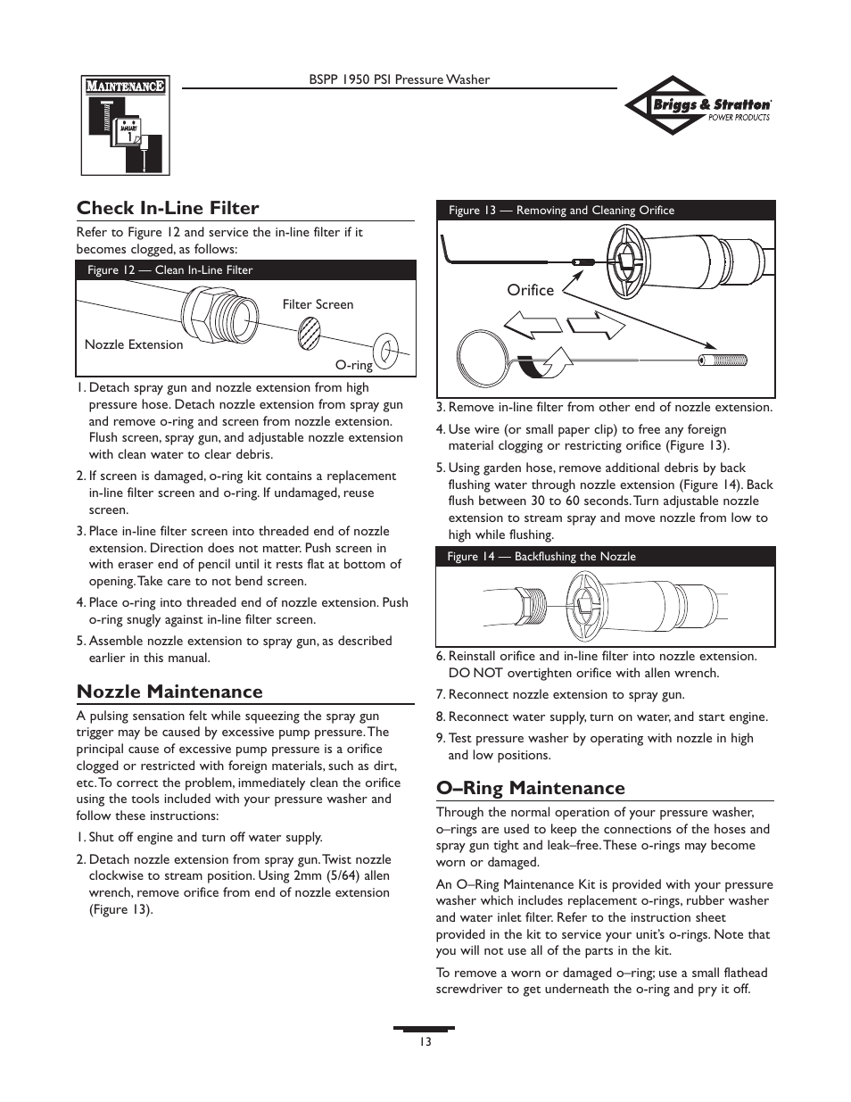 Check in-line filter, Nozzle maintenance, O–ring maintenance | Briggs & Stratton 20222 User Manual | Page 13 / 80