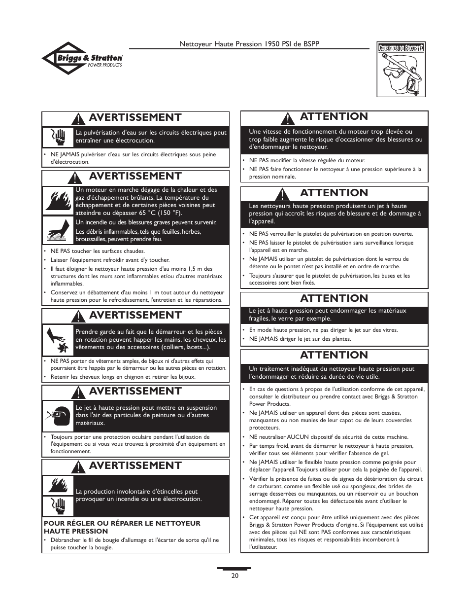 Avertissement, Attention | Briggs & Stratton 20222 User Manual | Page 20 / 80