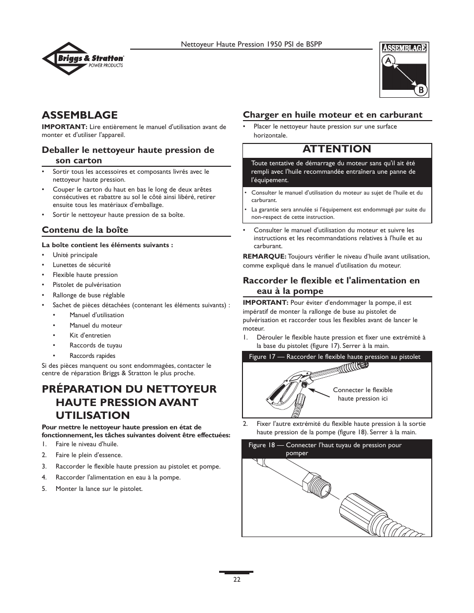 Assemblage, Attention | Briggs & Stratton 20222 User Manual | Page 22 / 80