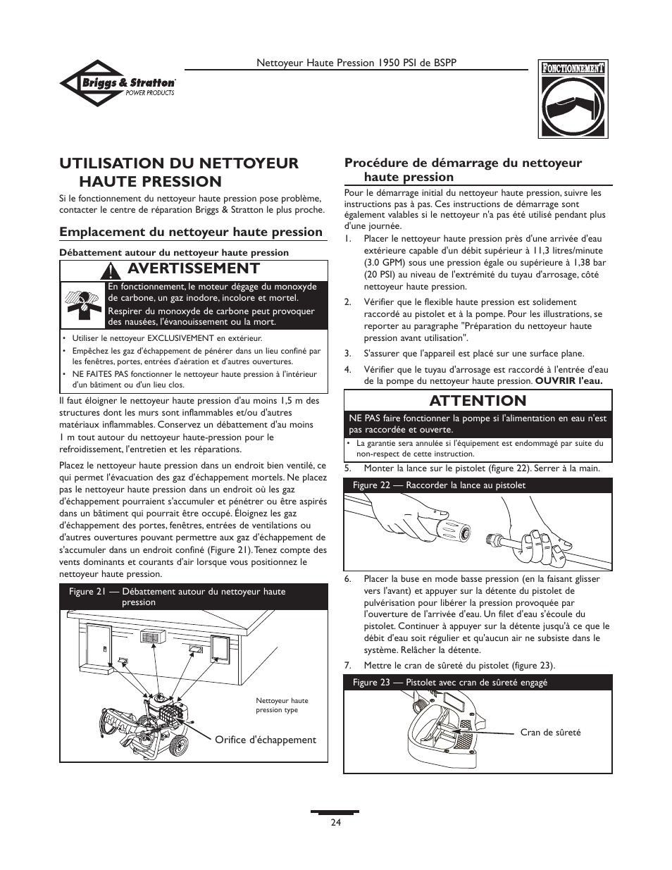 Utilisation du nettoyeur haute pression, Attention, Avertissement | Briggs & Stratton 20222 User Manual | Page 24 / 80