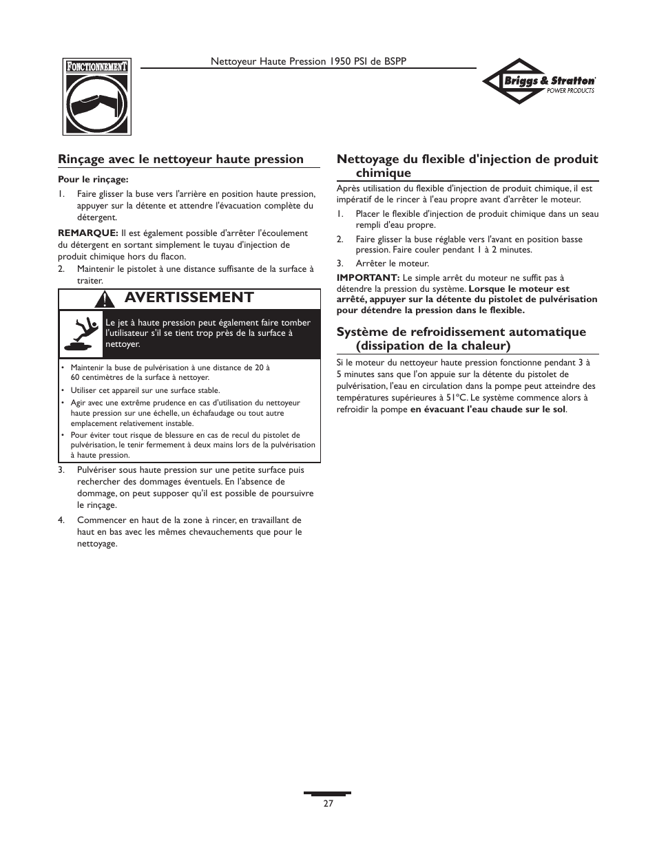 Avertissement, Rinçage avec le nettoyeur haute pression | Briggs & Stratton 20222 User Manual | Page 27 / 80