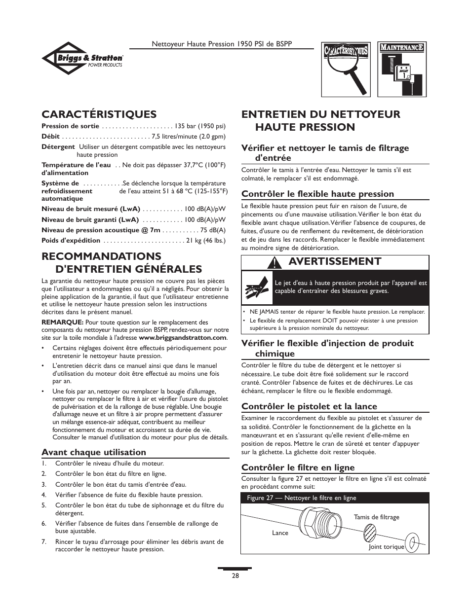 Caractéristiques, Recommandations d'entretien générales, Entretien du nettoyeur haute pression | Avertissement | Briggs & Stratton 20222 User Manual | Page 28 / 80